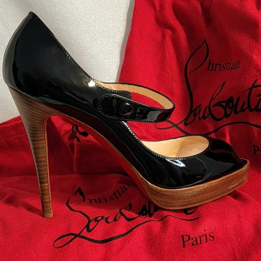 CHRISTIAN LOUBOUTIN Black Patent Leather Zeppa Mary Jane Peep Toe Pumps 39 - Picture 4 of 13